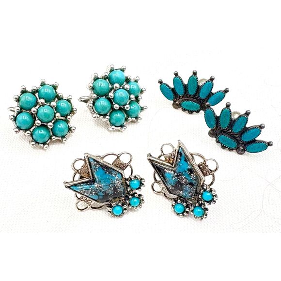 3 Pair Vintage Clip Earrings Sterling Turquoise Blue Stones Zuni 50s Jewelry - Picture 1 of 9